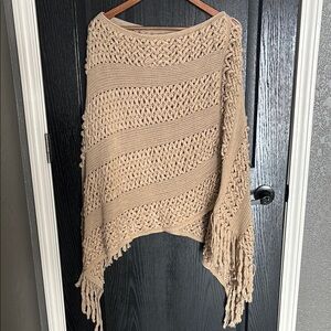 Tan Open Knit Shrug with Fringe